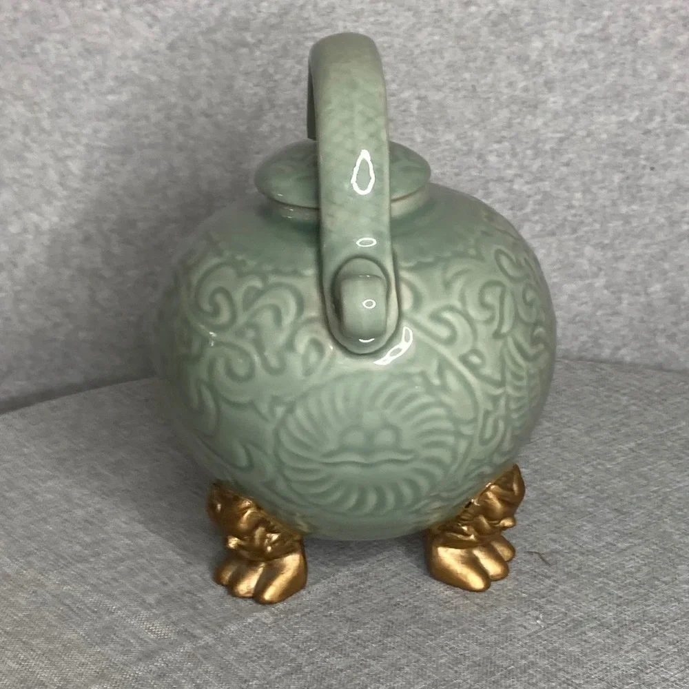 Celadon Footed Dragon‎ Teapot Asian Ceramic Kettle Green Gold Tea Pot Decor WCL